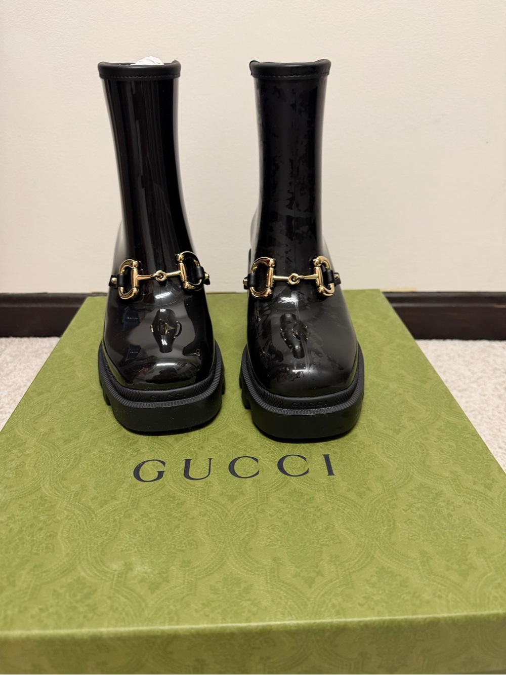 Gucci Black Patent Ankle Boots with Gold Horsebit